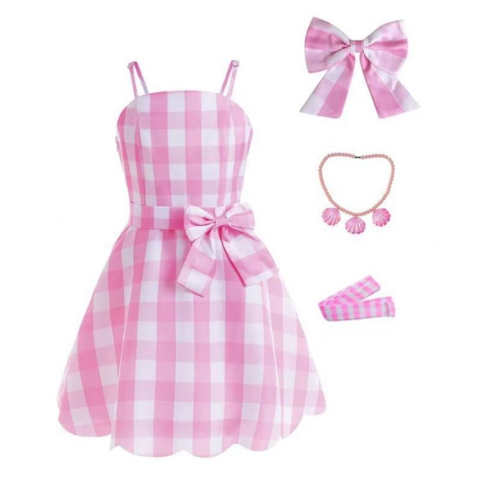 hic Retro Pink Plaid Princess Costume Set with Ribbon Stylish Party Dress Up